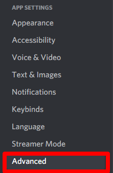 Advanced settings in Discord