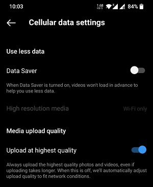 Instagram Cellular data settings in Android device