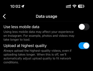 Instagram Data usage settings in iPhone