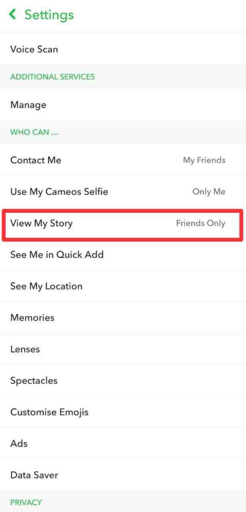 my story snapchat settings