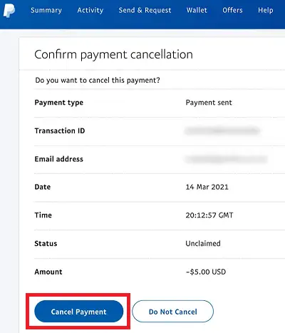 Cancel payment option for the payment