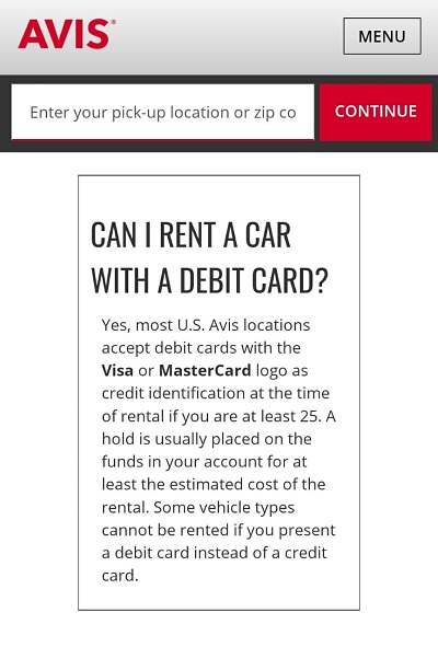 Does Avis accept Chime credit card