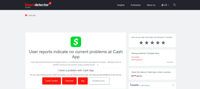 Down Detector Page of Cash App