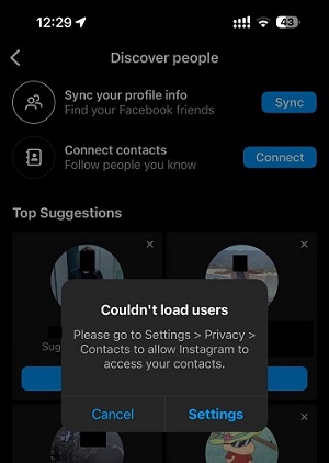 Allow contacts permission to Instagram