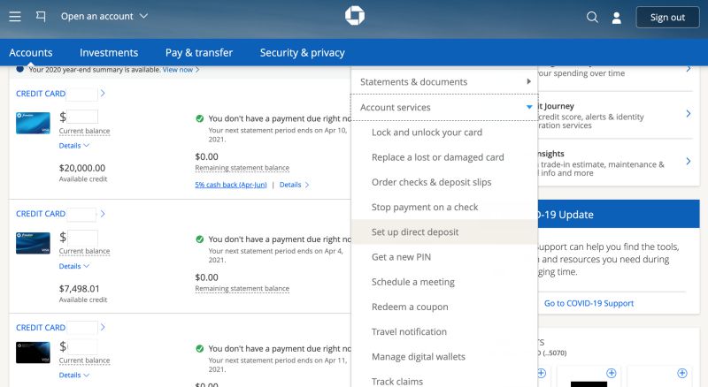 Set up Direct Deposit with Chase
