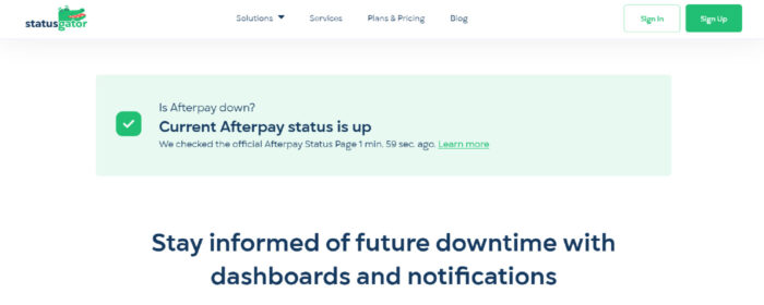 Statusgator page for Afterpay
