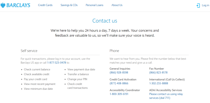 Barclays Contact Us page