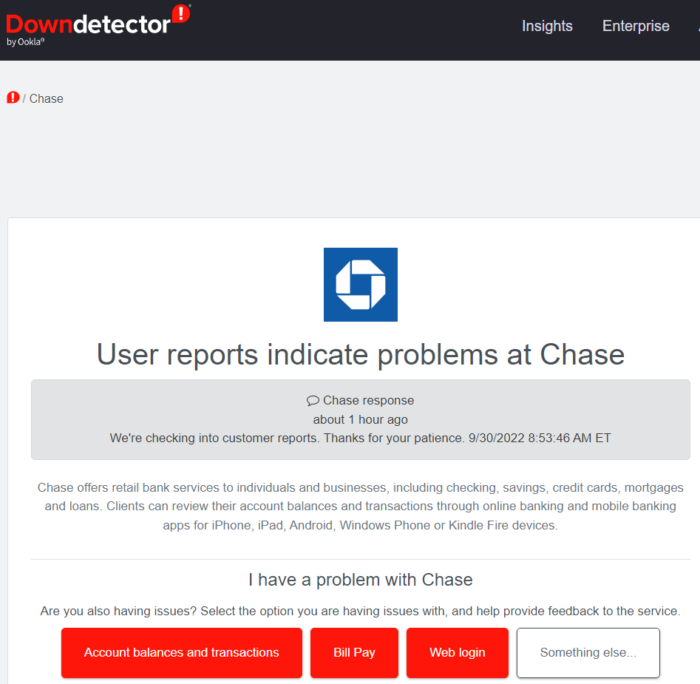 Down detector page of Chase