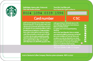 Starbucks gift card denoting the Card number and the CSC