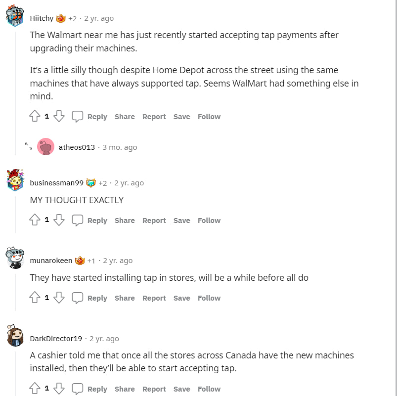 Reddit thread about Walmart tap to pay feature