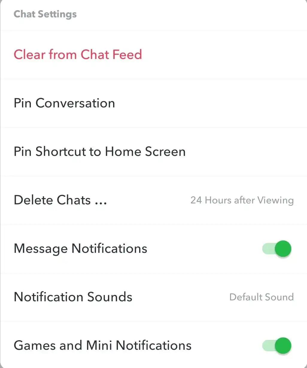 Clear from chat feed option on Snapchat