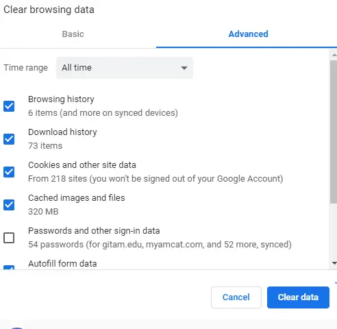 Checking the required boxes and selecting clear data to clear browsing data on chrome