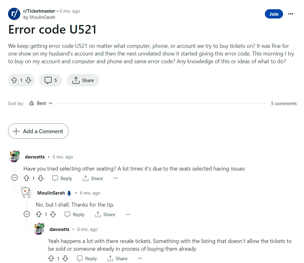 Solutions discussed for the Error code u521 on Reddit