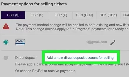 Add a new direct deposit account for selling option on StubHub