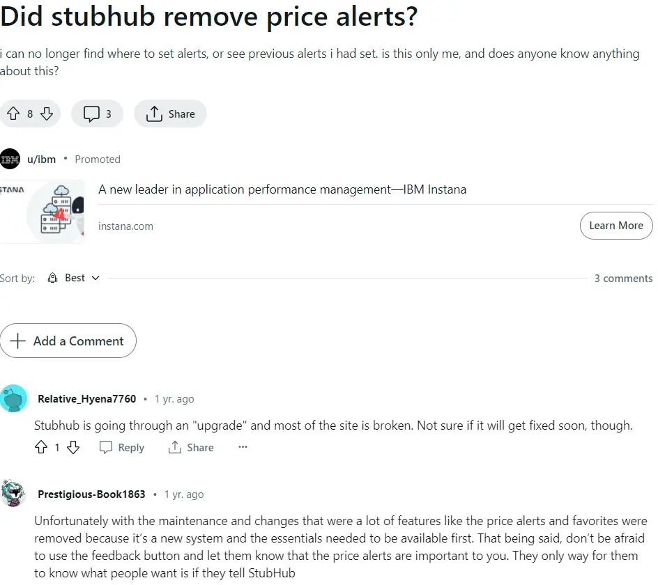 Reddit thread on the removal of the price alert feature on StubHub