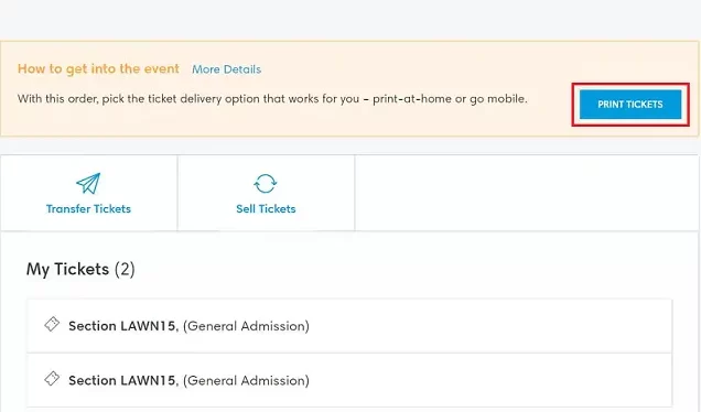 Print tickets option in computer browser