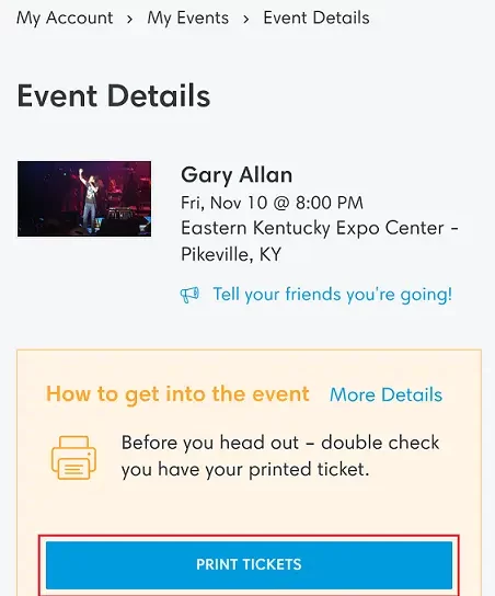 Print tickets option in mobile browser