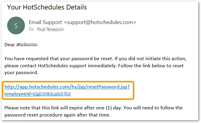 Example password reset link in an email